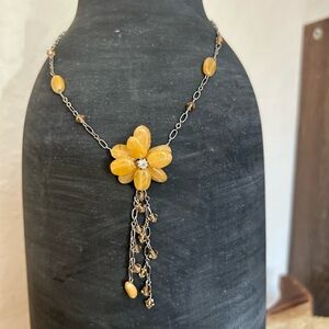 Yellow Gemstone Flower Pendant with Crystals Necklace